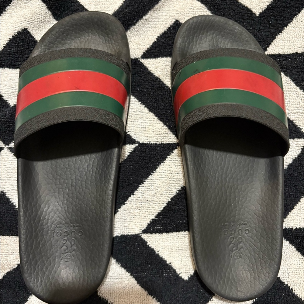 Gucci Black Slides with Red and Green Accents